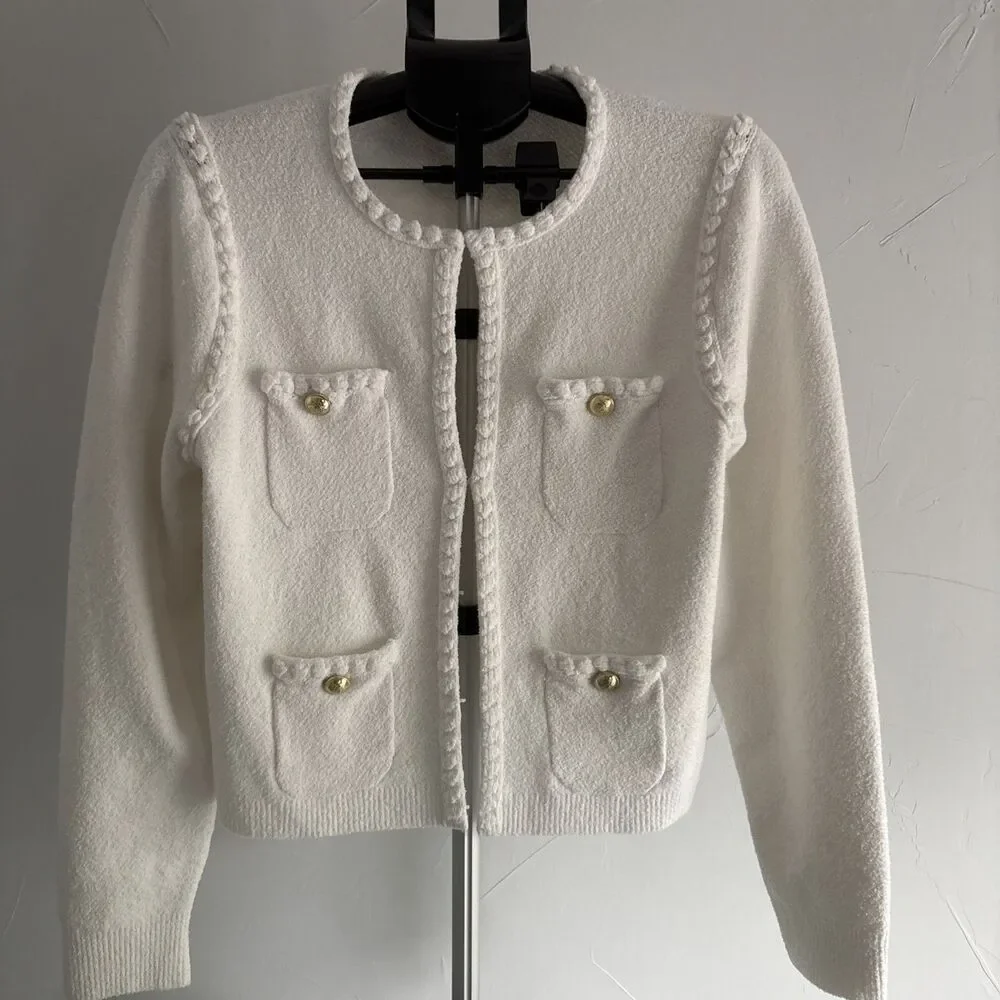 J.Crew Womens White Boucle Lady Jacket Cardigan Large Gold Crest Buttons Pocket